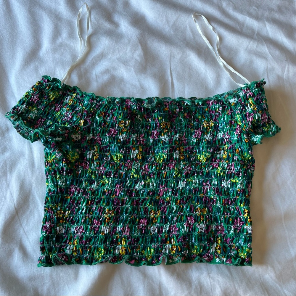 New H&M green floral off shoulder smocked crop top XS
